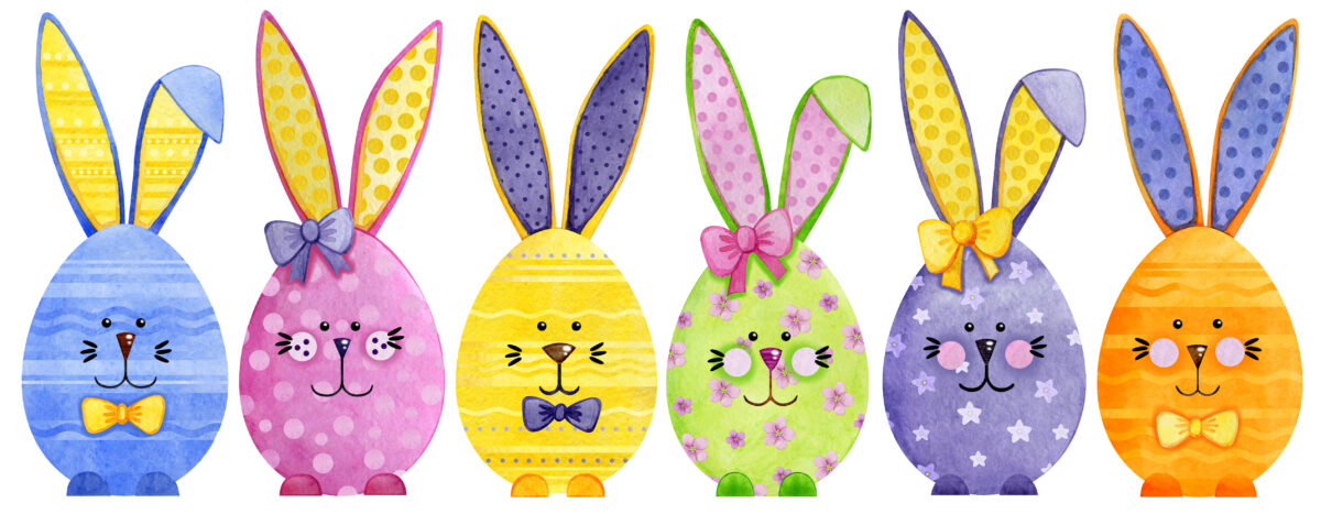 Big collection of watercolor hand drawn easter eggs with rabbit ears isolated on a white background. Pink, orange, blue, violet, yellow and light green eggs with patterns. (Dots, stripes, lines)