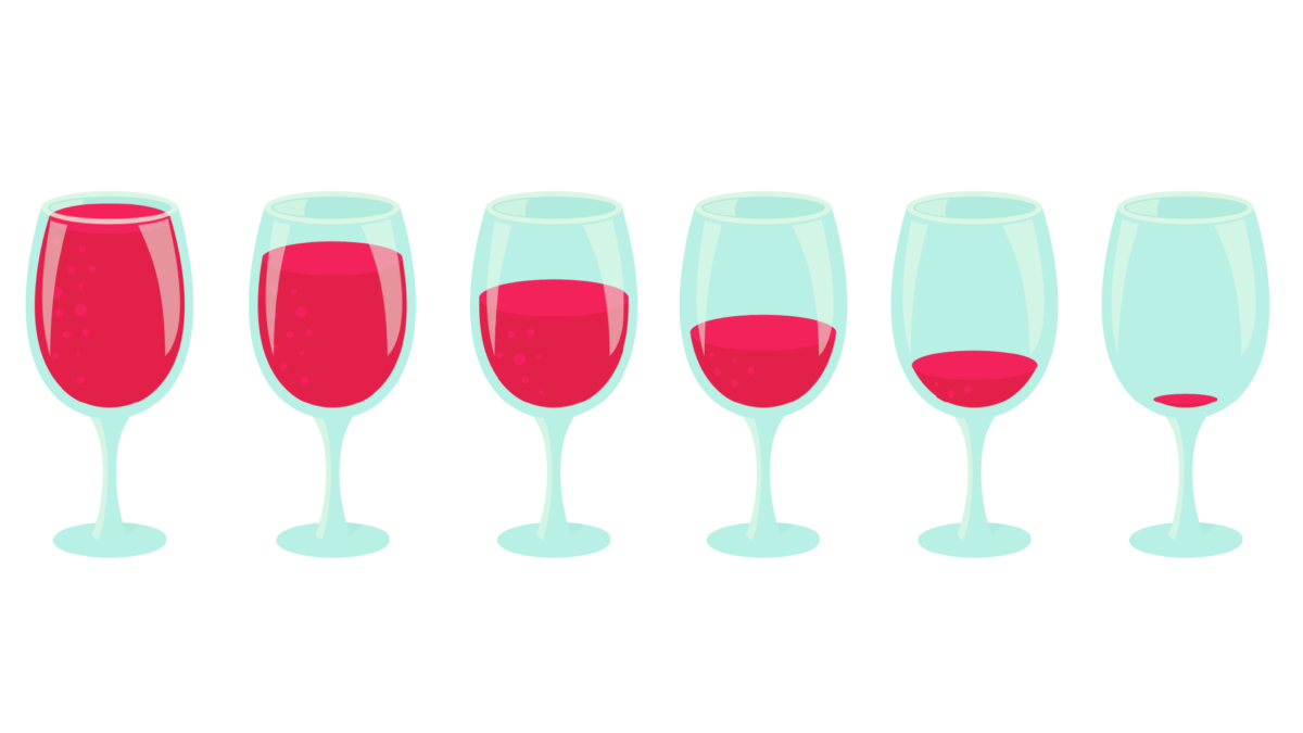 Illustration of 6 wine glasses showing different size / levels of red wine